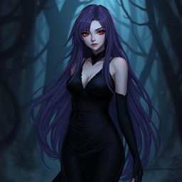 A tall, enchanting female character with long, flowing purple hair and striking red eyes