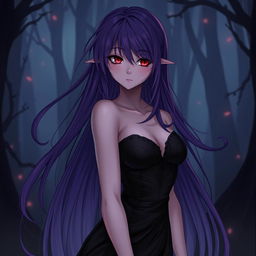 A tall, enchanting female character with long, flowing purple hair and striking red eyes