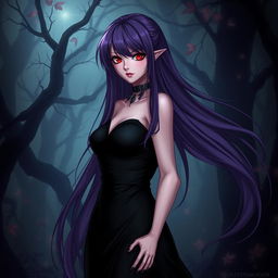 A tall, enchanting female character with long, flowing purple hair and striking red eyes