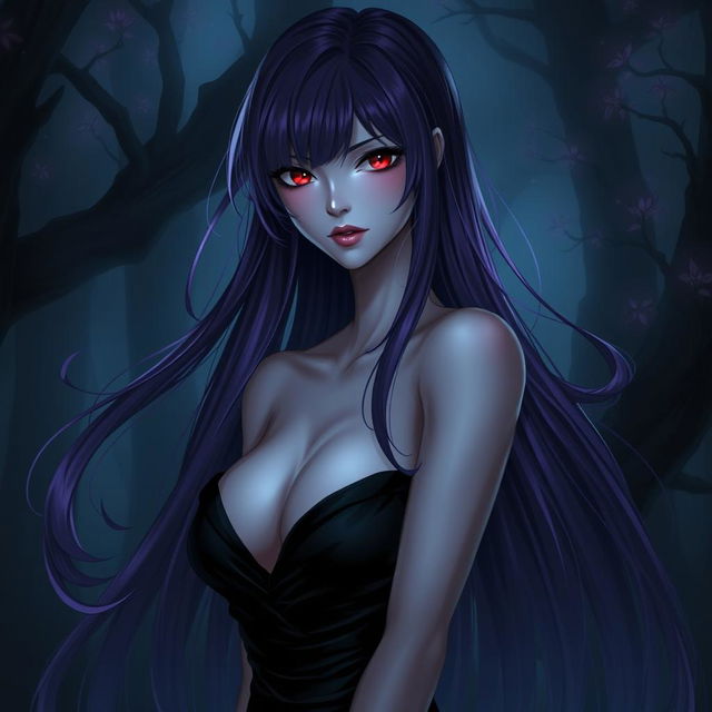 A tall, enchanting female character with long, flowing purple hair and striking red eyes