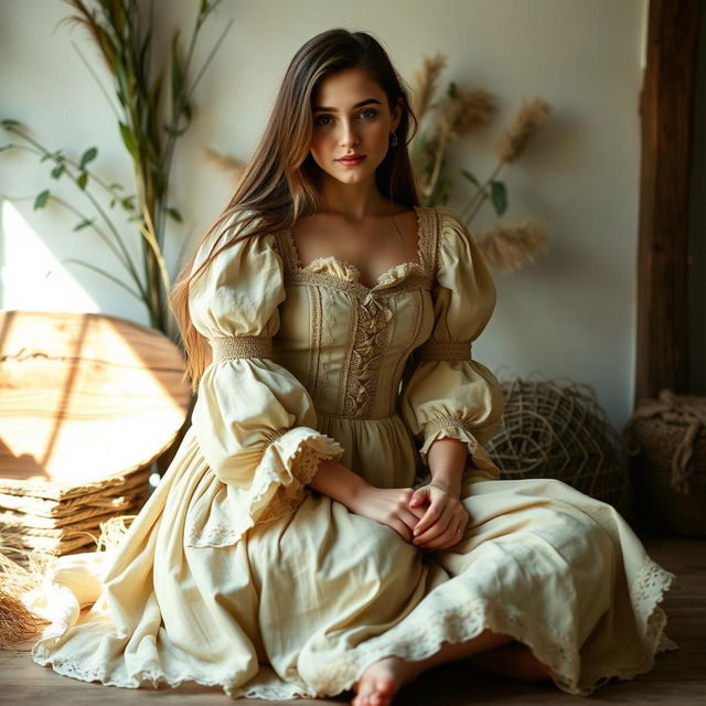 A young woman with long, loose hair sitting in a relaxed pose with crossed legs