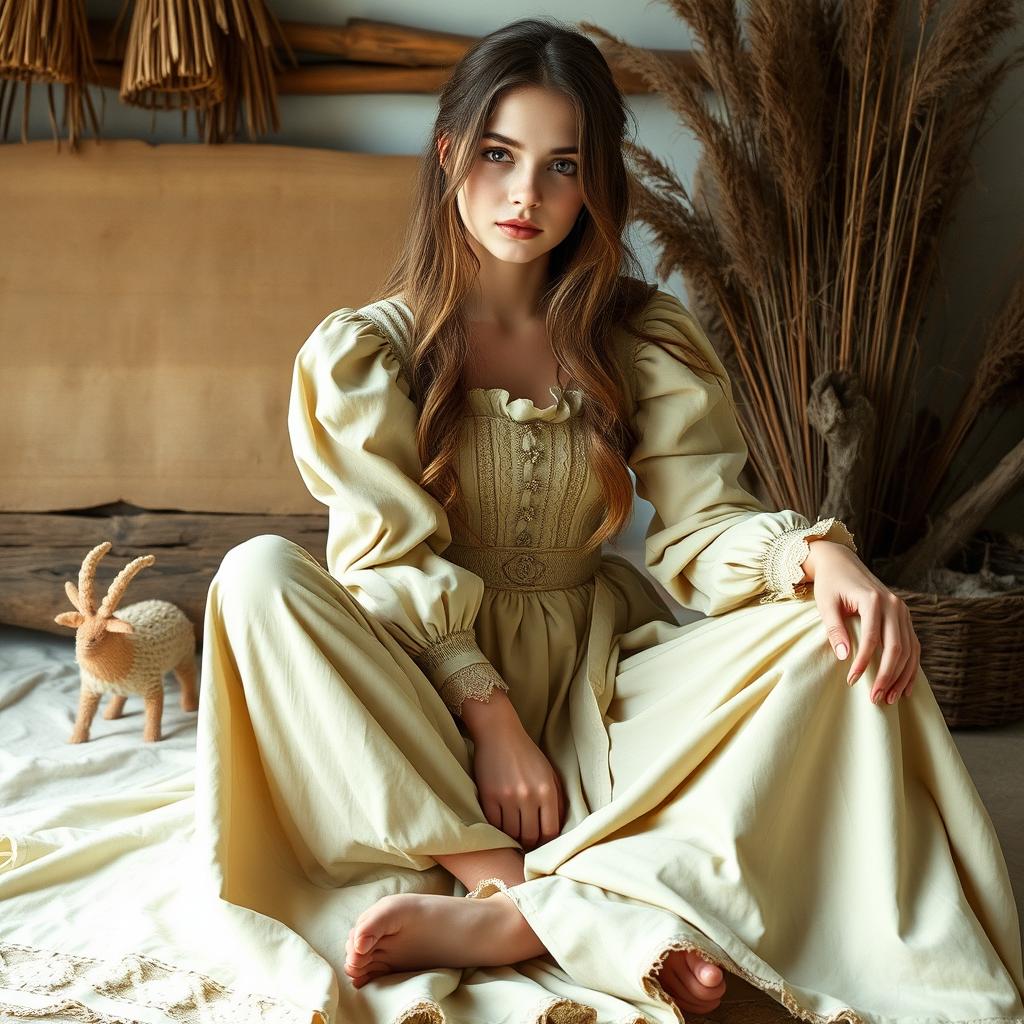 A young woman with long, loose hair sitting in a relaxed pose with crossed legs