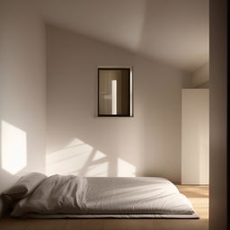 A chic minimalist bedroom with a bed situated on the floor, crisply made with soft, inviting linens, positioned underneath a small, tastefully framed window on the right wall, letting in a gentle stream of daylight.