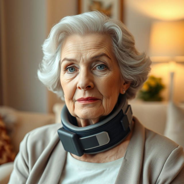 A portrait of an elderly fine lady wearing a tightly fitting medical cervical collar that extends from her shoulders to under her chin