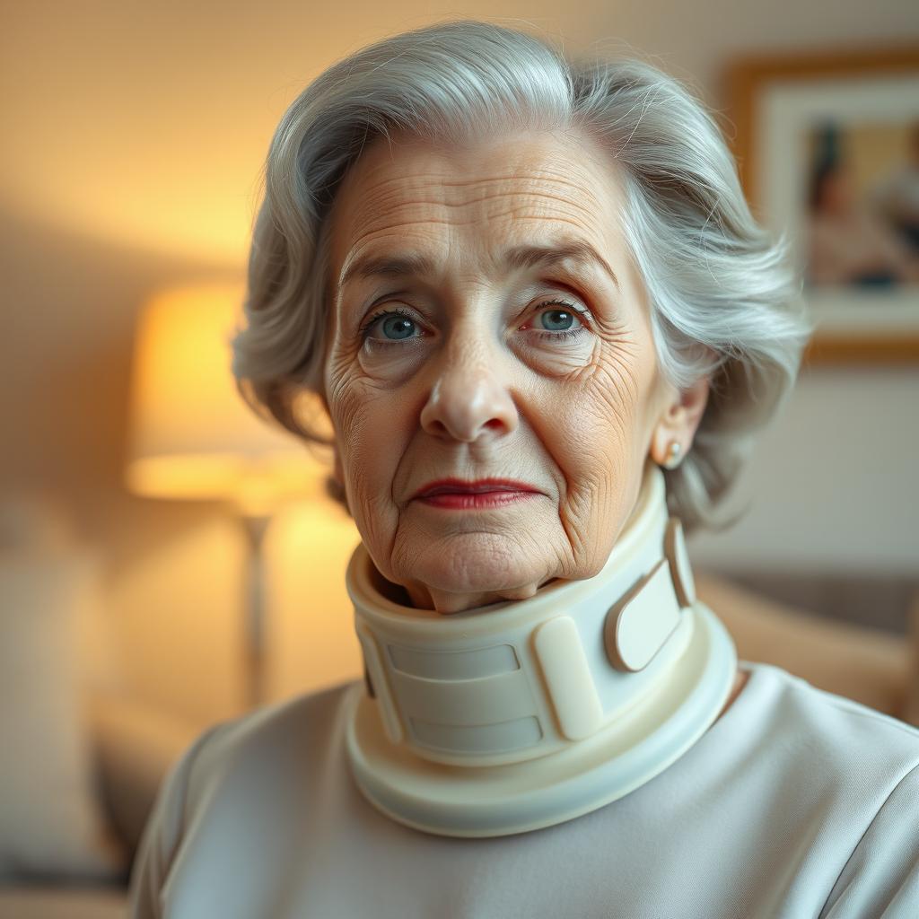 A portrait of an elderly fine lady wearing a tightly fitting medical cervical collar that extends from her shoulders to under her chin