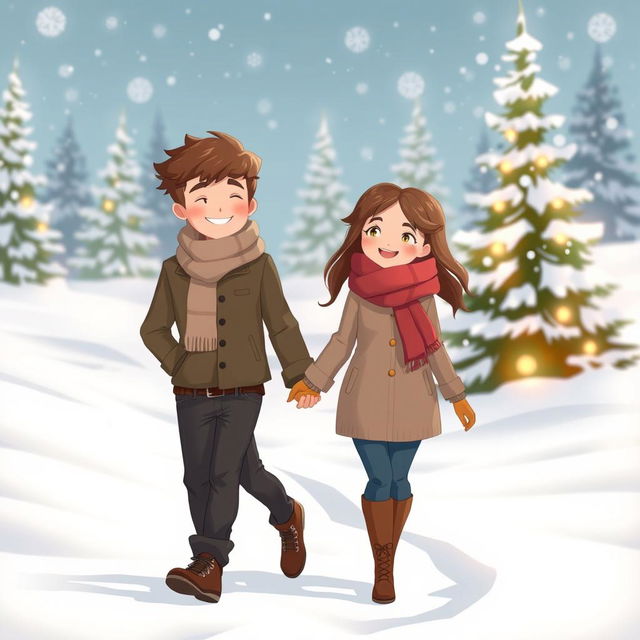 A romantic scene of two characters holding hands and walking together through a snowy landscape