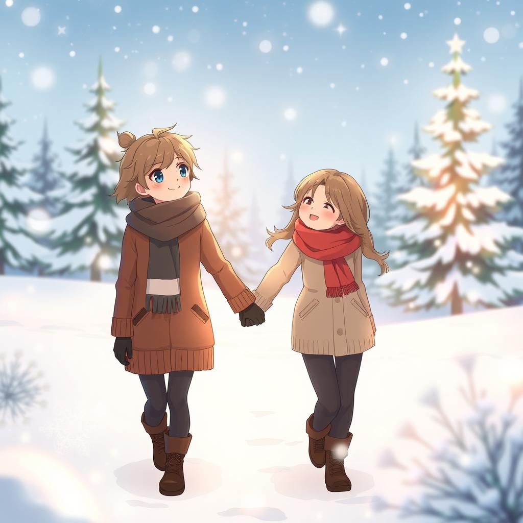 A romantic scene of two characters holding hands and walking together through a snowy landscape