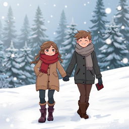 A romantic scene of two characters holding hands and walking together through a snowy landscape