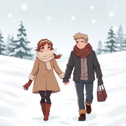 A romantic scene of two characters holding hands and walking together through a snowy landscape