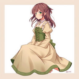 Anime-style illustration of a young girl inspired by Shingeki no Kyojin, sitting in a crossed-leg profile view