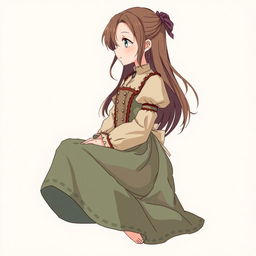 Anime-style illustration of a young girl inspired by Shingeki no Kyojin, sitting in a crossed-leg profile view
