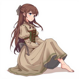 Anime-style illustration of a young girl inspired by Shingeki no Kyojin, sitting in a crossed-leg profile view