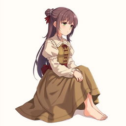 Anime-style illustration of a young girl inspired by Shingeki no Kyojin, sitting in a crossed-leg profile view