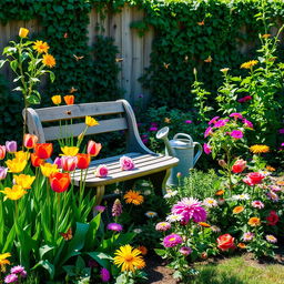 A lush, vibrant garden scene featuring a variety of colorful flowers like tulips, daisies, and roses, alongside vibrant green foliage