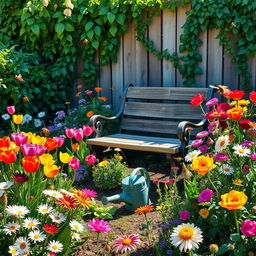 A lush, vibrant garden scene featuring a variety of colorful flowers like tulips, daisies, and roses, alongside vibrant green foliage