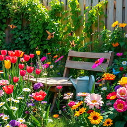 A lush, vibrant garden scene featuring a variety of colorful flowers like tulips, daisies, and roses, alongside vibrant green foliage