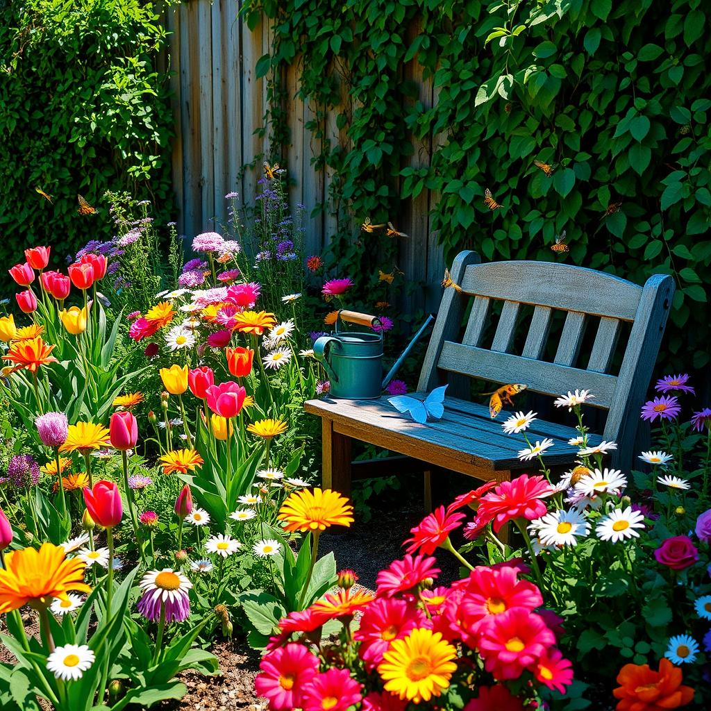 A lush, vibrant garden scene featuring a variety of colorful flowers like tulips, daisies, and roses, alongside vibrant green foliage