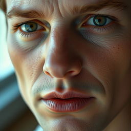 A highly detailed close-up of a human face highlighting the key facial features such as the eyes, nose, mouth, and cheeks