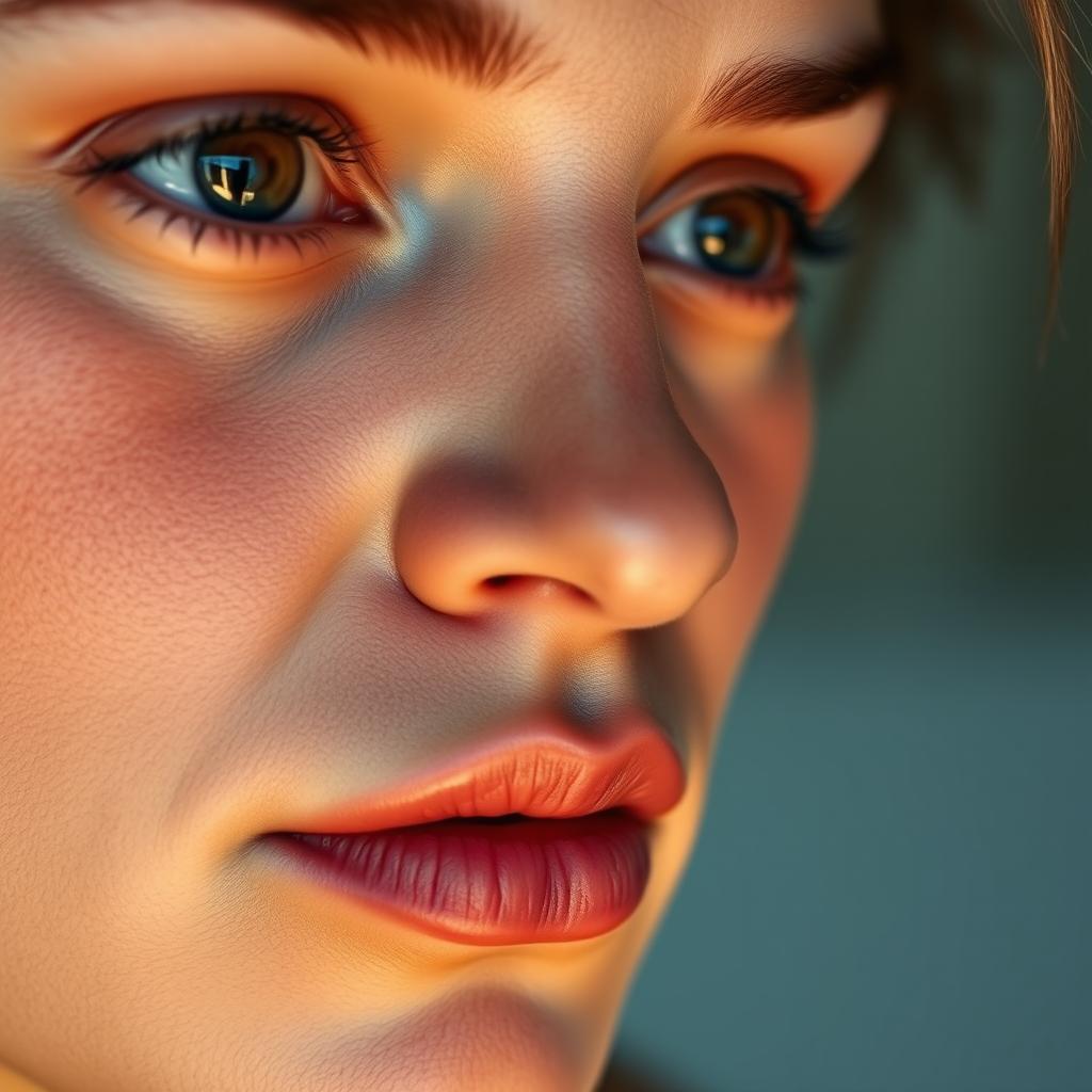 A highly detailed close-up of a human face highlighting the key facial features such as the eyes, nose, mouth, and cheeks