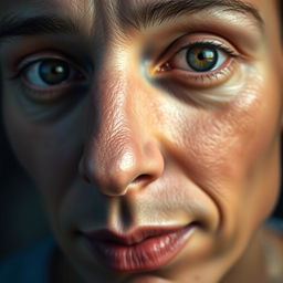 A highly detailed close-up of a human face highlighting the key facial features such as the eyes, nose, mouth, and cheeks