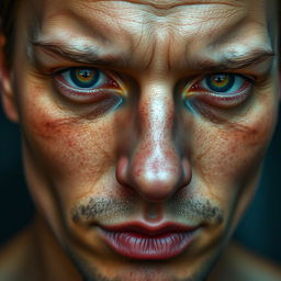 A highly detailed close-up of a human face highlighting the key facial features such as the eyes, nose, mouth, and cheeks