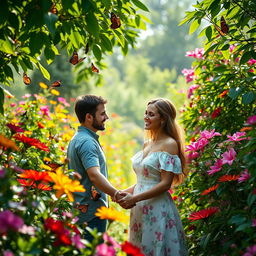 A romantic scene of a couple in a lush Partulica flower garden, surrounded by vibrant and exotic flowers in full bloom