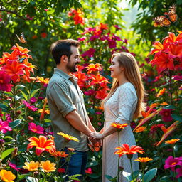 A romantic scene of a couple in a lush Partulica flower garden, surrounded by vibrant and exotic flowers in full bloom