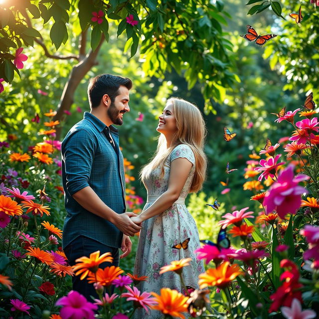 A romantic scene of a couple in a lush Partulica flower garden, surrounded by vibrant and exotic flowers in full bloom