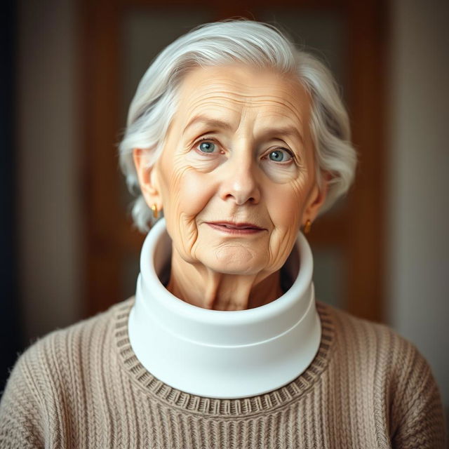 An elderly fine lady wearing a tightly fitting medical cervical collar