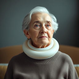 An elderly fine lady wearing a tightly fitting medical cervical collar