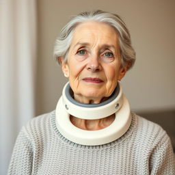 An elderly fine lady wearing a tightly fitting medical cervical collar