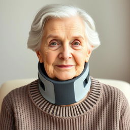 An elderly fine lady wearing a tightly fitting medical cervical collar