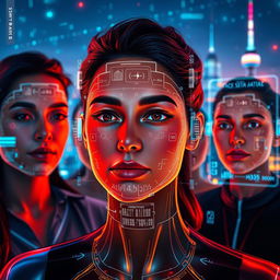 An artistic representation of a futuristic face recognition technology scene, showcasing a high-tech interface with a diverse group of people having their faces scanned