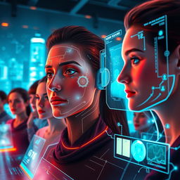 An artistic representation of a futuristic face recognition technology scene, showcasing a high-tech interface with a diverse group of people having their faces scanned