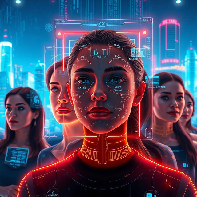 An artistic representation of a futuristic face recognition technology scene, showcasing a high-tech interface with a diverse group of people having their faces scanned