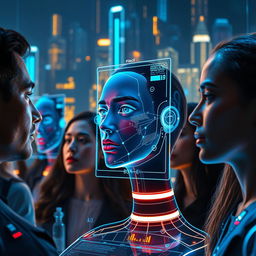 An artistic representation of a futuristic face recognition technology scene, showcasing a high-tech interface with a diverse group of people having their faces scanned