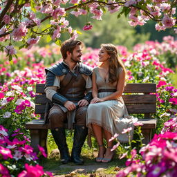 A heroic figure and a beautiful heroine sitting together on a rustic wooden bench in a vibrant Partulica flower garden