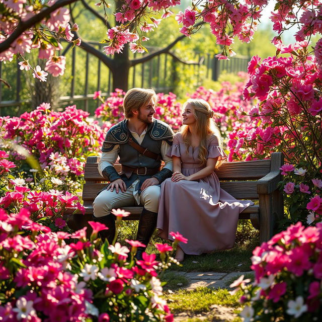 A heroic figure and a beautiful heroine sitting together on a rustic wooden bench in a vibrant Partulica flower garden