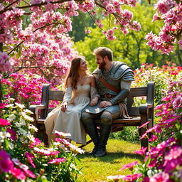 A heroic figure and a beautiful heroine sitting together on a rustic wooden bench in a vibrant Partulica flower garden