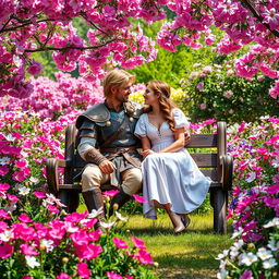 A heroic figure and a beautiful heroine sitting together on a rustic wooden bench in a vibrant Partulica flower garden