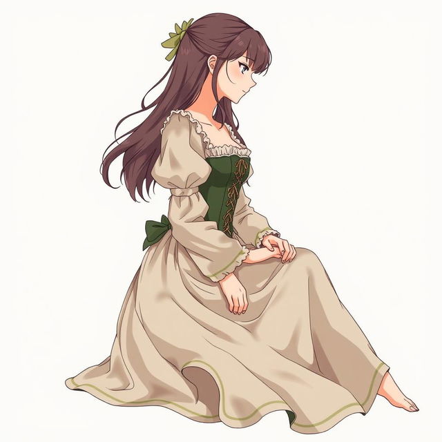 Anime illustration of a young woman inspired by Shingeki no Kyojin, seated in profile at a 45-degree angle to the camera