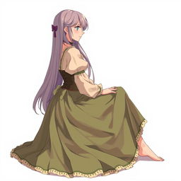 Anime illustration of a young woman inspired by Shingeki no Kyojin, seated in profile at a 45-degree angle to the camera