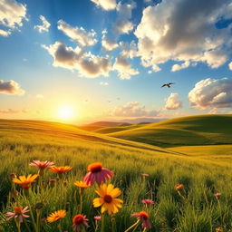 An enhanced image showcasing a vibrant landscape as the perfect background, featuring rolling hills with lush green grass, a clear blue sky with fluffy white clouds, and a majestic sunset casting warm golden light across the scene