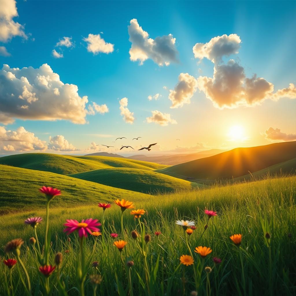 An enhanced image showcasing a vibrant landscape as the perfect background, featuring rolling hills with lush green grass, a clear blue sky with fluffy white clouds, and a majestic sunset casting warm golden light across the scene