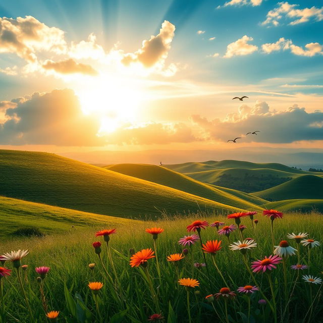 An enhanced image showcasing a vibrant landscape as the perfect background, featuring rolling hills with lush green grass, a clear blue sky with fluffy white clouds, and a majestic sunset casting warm golden light across the scene