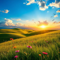 An enhanced image showcasing a vibrant landscape as the perfect background, featuring rolling hills with lush green grass, a clear blue sky with fluffy white clouds, and a majestic sunset casting warm golden light across the scene