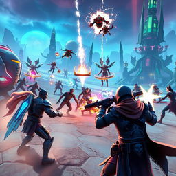 A dynamic gaming video scene, showcasing an intense battle in a futuristic virtual world, filled with vibrant colors and high-tech visuals