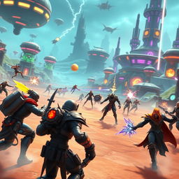 A dynamic gaming video scene, showcasing an intense battle in a futuristic virtual world, filled with vibrant colors and high-tech visuals
