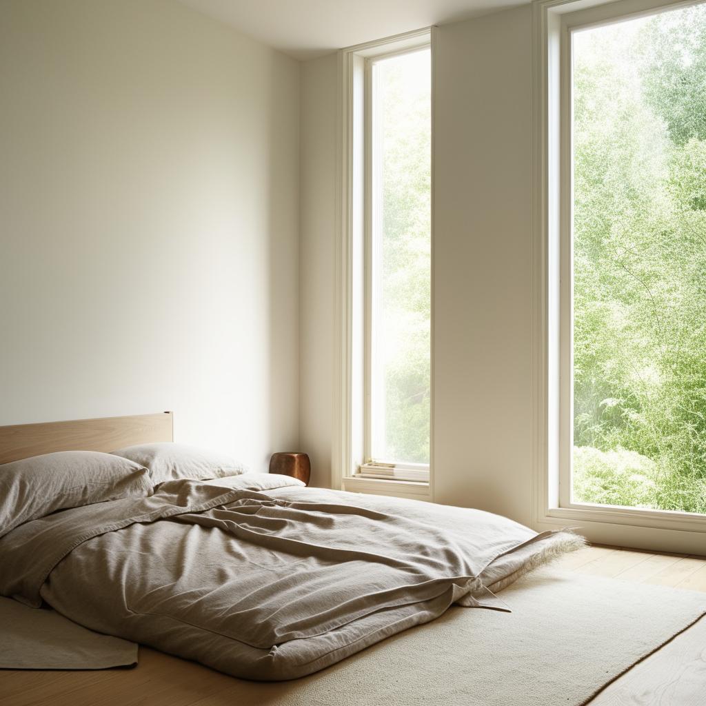 A chic minimalist bedroom with a bed situated on the floor, crisply made with soft, inviting linens, positioned underneath a small, tastefully framed window on the right wall, letting in a gentle stream of daylight.