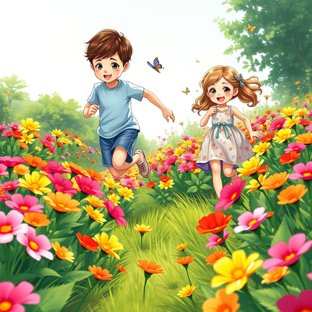 A serene garden filled with bright and colorful Partulica flowers, featuring two adorable characters: a young boy and a young girl joyfully exploring the vibrant blooms